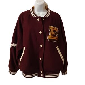 E Land marron/white British Britgirl varsity club letterman preppy jacket size L
